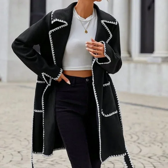 Black Elegant Womens  Contrast Binding Lapel Neck Belted Overcoat - Picture 2 of 5